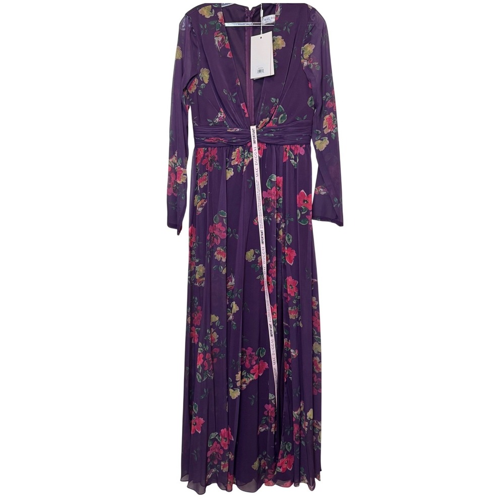 Mac Duggal 68558 Floral Chiffon Maxi Dress 6 Purple Ruched High Slit Plunge
